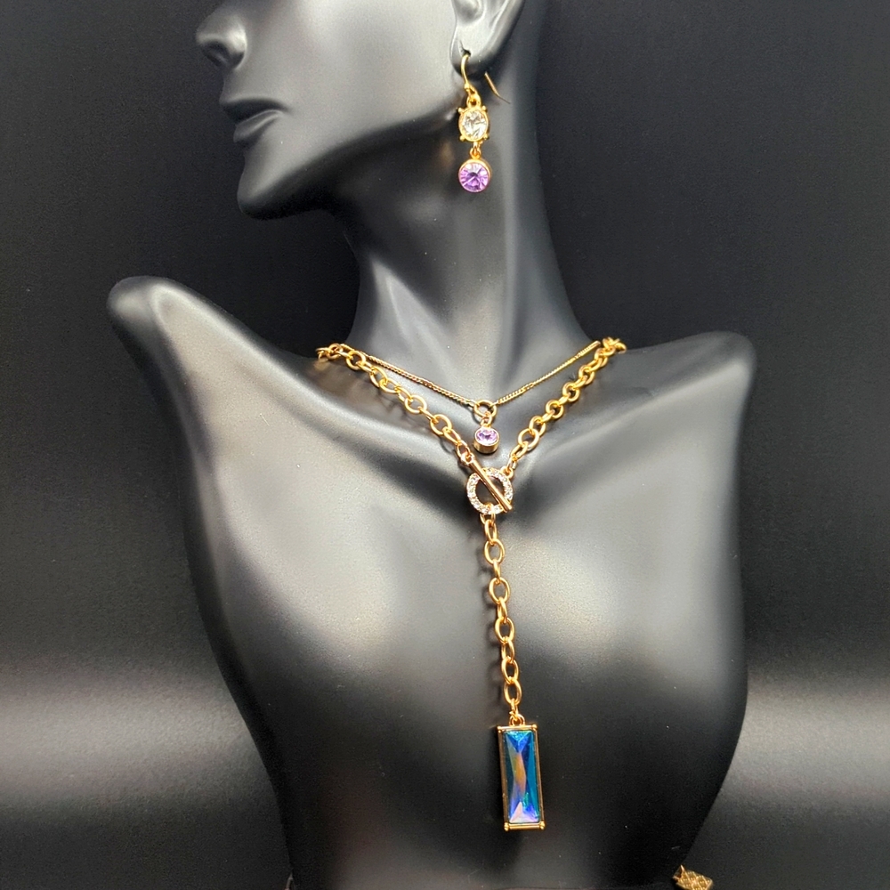 Sexy Gold, CZ, Amethyst and Blue Crystal Baguette Necklace/Earrings Set